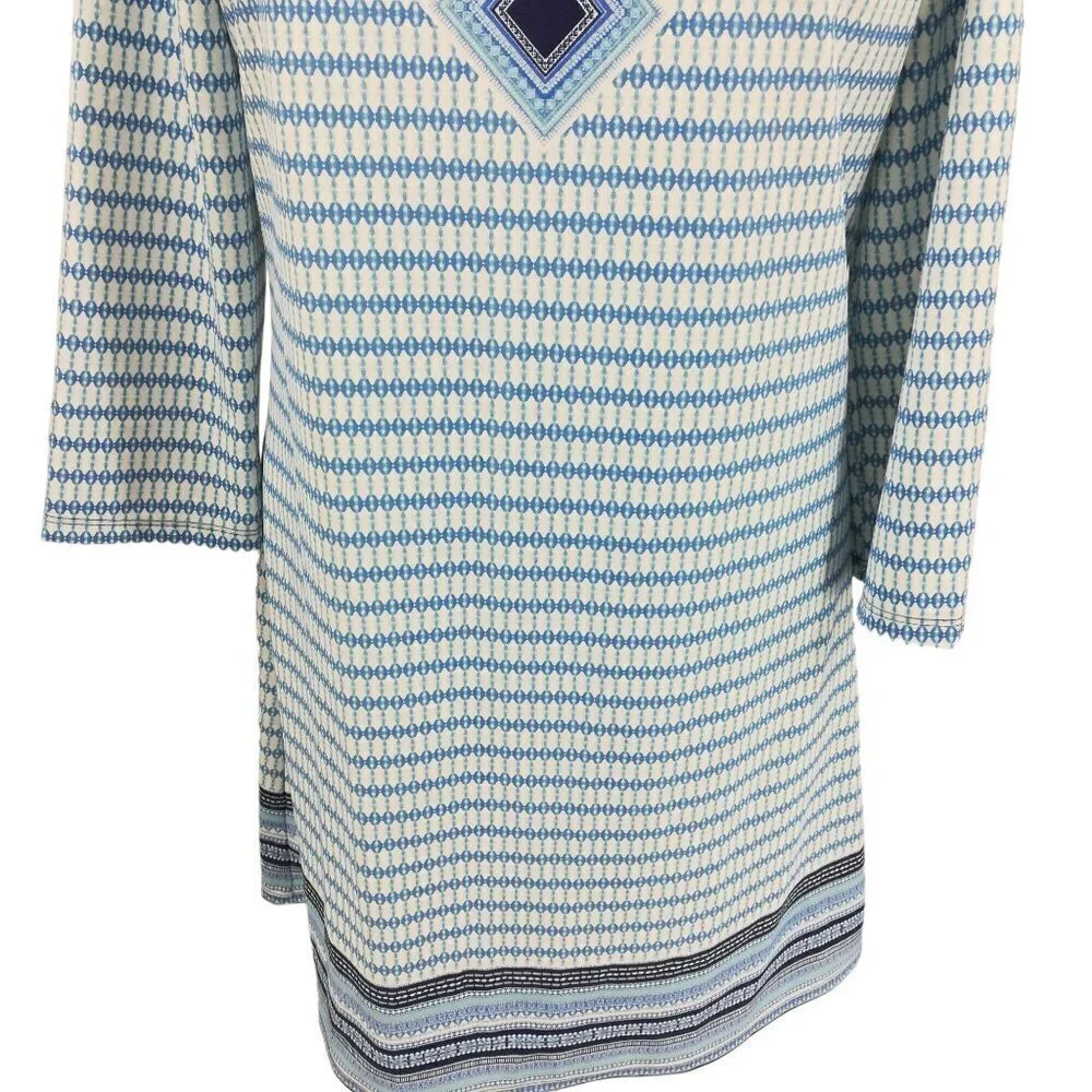 Cabana Life Stretch 3/4 Sleeve Geometric Dress Size M Blue UPF Shift Resort